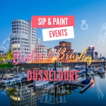 Brides & Brushes - Junggesellinnenabschied Düsseldorf - hier der Hafen mit Schiffen - auf dem Bild ist Brides & Brushes und Düsseldorf zu lesen. Icons zeigen, dass es sich um kreative Events für den JGA handelt