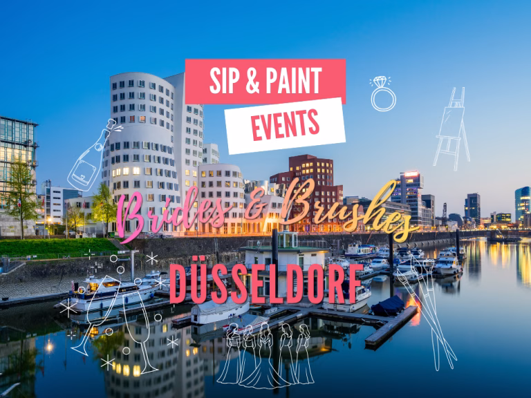 Brides & Brushes - Junggesellinnenabschied Düsseldorf - hier der Hafen mit Schiffen - auf dem Bild ist Brides & Brushes und Düsseldorf zu lesen. Icons zeigen, dass es sich um kreative Events für den JGA handelt