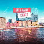 Brides & Brushes - die Sip and Paint Party für den JGA in Hamburg - hier ist das Konzerthaus vor dem Fluss mit Aufschriften und verschiedenen Icons zu sehen.